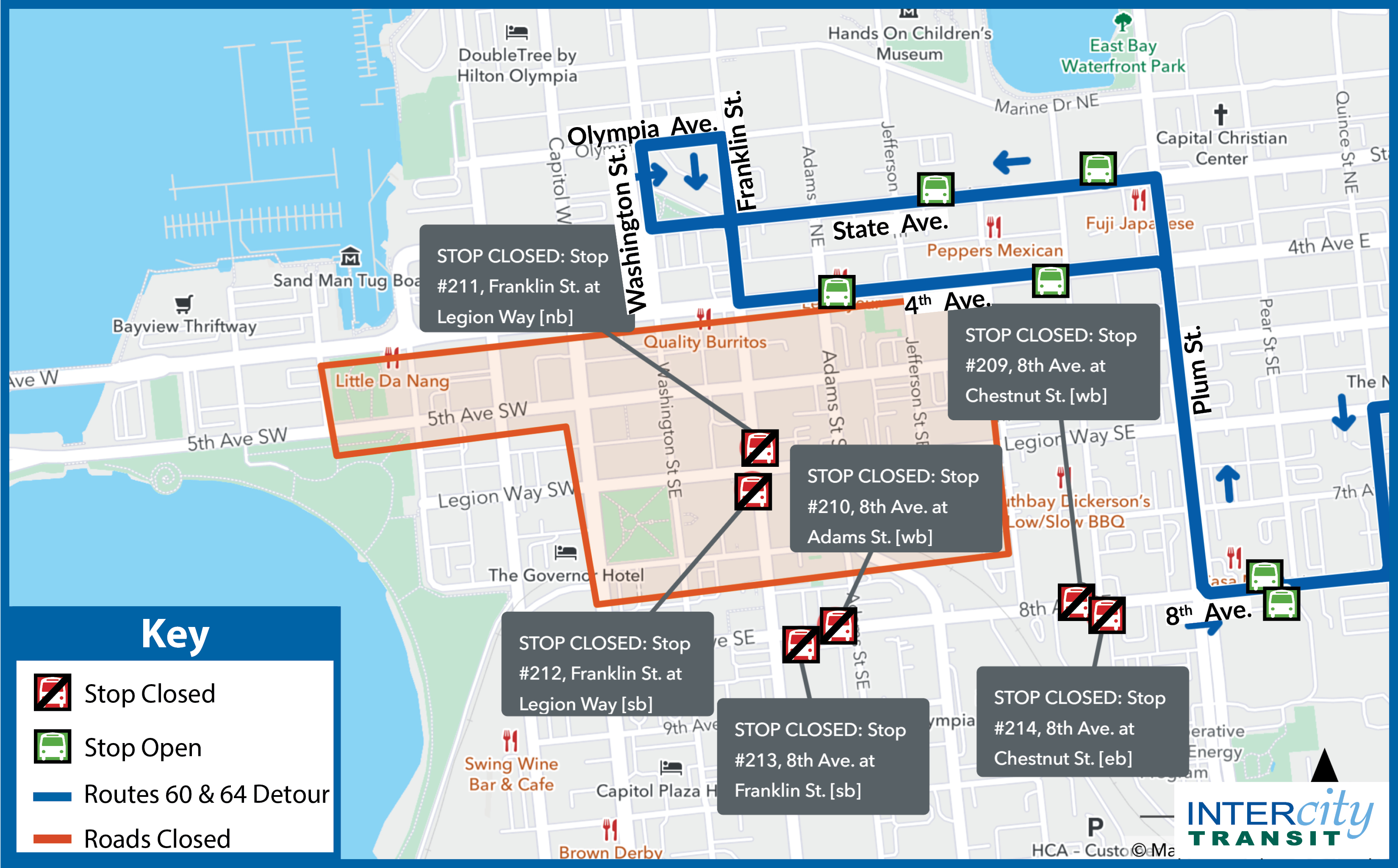 Routes 60 and 64 on detour in downtown Olympia all day Saturday
